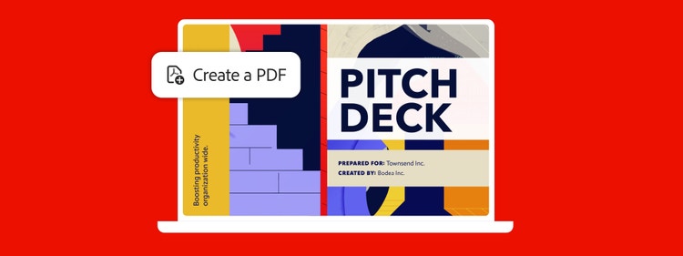 Illustratie van een laptopscherm met daarop een kleurrijk presentatiedocument met de tekst "Pitch Deck" voor Townsend Inc. by Bodea Inc. Het pictogram 'Een PDF maken' wordt weergegeven.