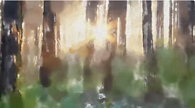 Een voorbeeld van de waterverftextuur die op een afbeelding van een bos wordt toegepast.