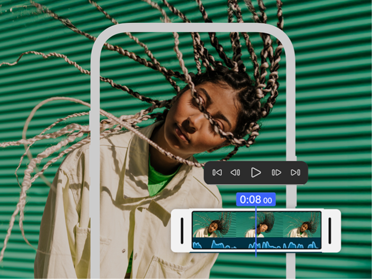 Een vrouw met wapperende vlechten tegen een groene en zwarte achtergrond, met overlays van de interface van Premiere op iPhone.
