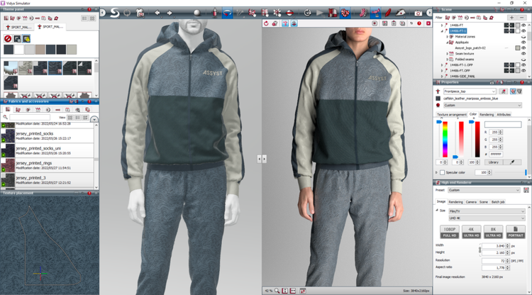 screenshot of fabric options shown on a mannequin and a human body