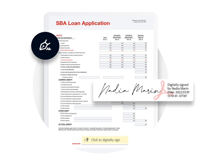een SBA-leningaanvraag met een digitale handtekening van Nadia Marin en een digitaal certificaat waarop de datum en tijd van de ondertekening worden weergegeven