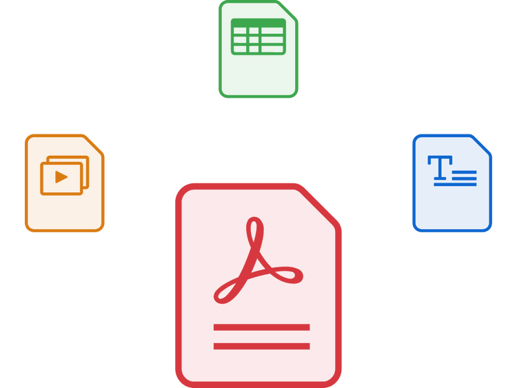 Ikoner for en PowerPoint-fil, en Excel-fil og en Word-fil, med et større PDF-ikon som representerer hvordan du kan konvertere Microsoft-dokumenter til PDF-filer