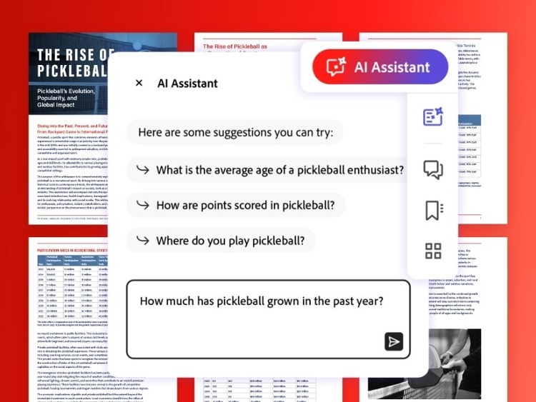 Et skjermbilde som viser pop-up-vinduet for Acrobat AI Assistant med foreslåtte spørsmål til dokumentet.