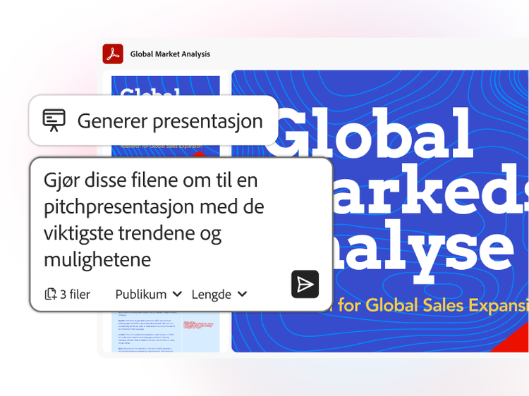 Et grensesnitt som viser funksjonen for å generere presentasjoner ut fra et sett med filer, som konverterer tre dokumenter til en "Global Market Analysis"-lysbildepresentasjon.
