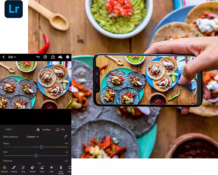 En kollasj av bilder som fremhever enkelheten og fleksibiliteten ved nettbaserte Lightroom