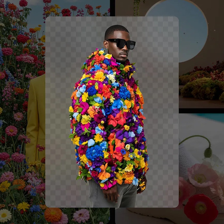En person med en fargesterk jakke dekket av kunstige blomster i ulike farger, med en bakgrunn med blomstertema.