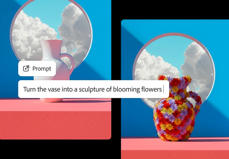 Et eksempel på KI-bilderedigering som viser en enkel hvit vase forvandlet til en fargerik skulptur av blomstrende blomster, vist mot en klar, blå himmel.