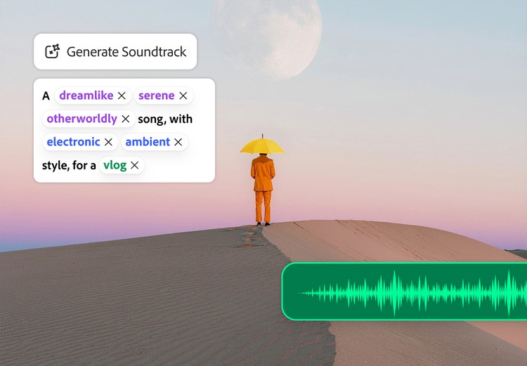 Et konsept for KI-lydsporgenerering som viser en person med en paraply i et landskap med sanddyner under en pastellfarget himmel, sammen med en lydbølgeform og beskrivende musikkrelaterte tagger.