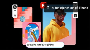 KI-genererte bilder av en stork, en mann i gul hettegenser og abstrakte former, med Firefly-logoen og en hjelpetekstlinje lagt over. KI-funksjoner kun på iPhone.