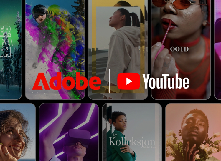 Bilder fra YouTube Shorts – en kvinne med rødfargede briller, en kvinne med VR-headset og en mann som holder blomster – med Adobe- og YouTube-logoene lagt over.