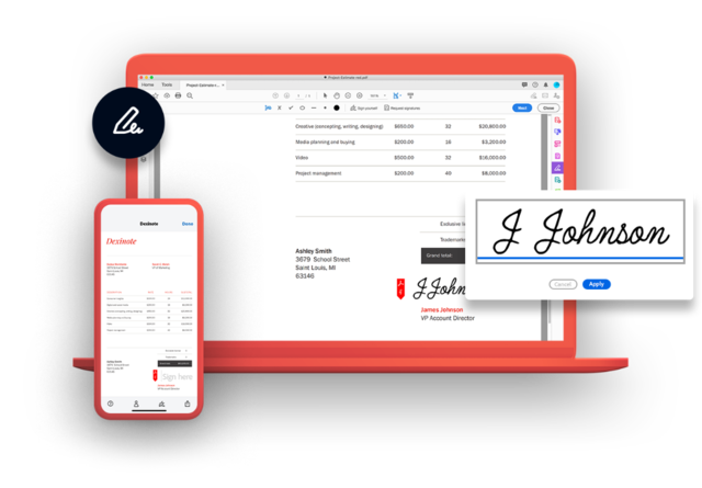 Rød bærbar PC og rød mobil med Adobe Suite-produkter, Document Cloud, Acrobat Sign og Acrobat for bedrifter.