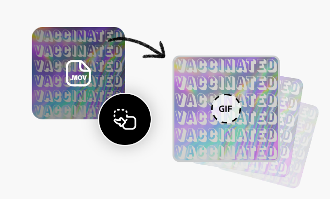 Duplicated still frame of a video with 'vaccinated' repeated, abstract background in yellow, pink, blue, green, and purple, .mov and GIF icons, and format conversion icon.