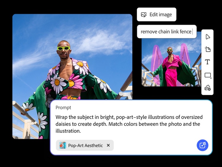 Et KI-generert bilde som viser et moteportrett som redigeres i Adobe Firefly, der popkunst-stiliserte illustrerte prestekrager leggesdirekte på klærne modellen har på seg, med grensesnittet som viser bilderedigeringsverktøyet og en instruks om å fjerne et gjerde.