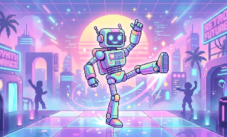 KI-pikselkunst av en smilende robot på et dansegulv med hjelpeteksten "En livlig retro-futuristisk pikselert dansende robotkarakter. Scenen har en drømmende synthwave …"