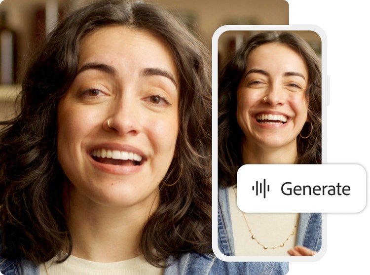 To bilder av en kvinne som snakker foran et kamera hjemme på datamaskinen og mobilen, og en knapp for generering av KI-dubbing.