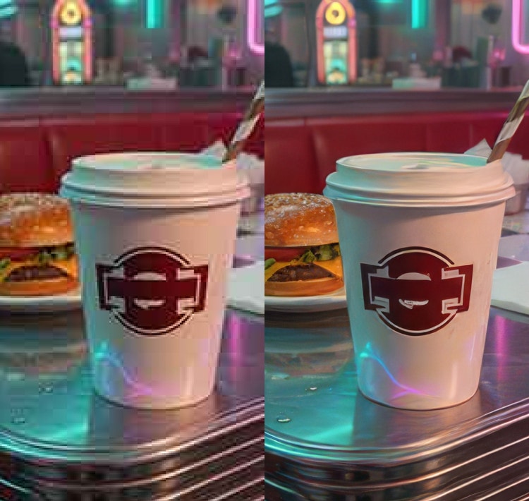 To bilder med det samme bildet av en burger på en burgerrestaurant med en brus i forgrunnen, vist side om side, der logoen er tydeligere på bildet til høyre.