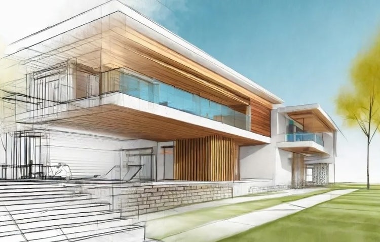 Et KI-generert 3D-arkitekturbilde i Firefly, basert på en hjelpetekst, med en moderne rendring av et hus av tre og glass.