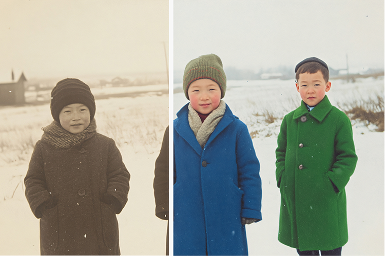 Et før-og-etter-bilde. Til venstre er et gammelt og falmet fotografi med synlige skader. Til høyre er det samme bildet, som nå er lysere og reparert med et profesjonelt utseende.