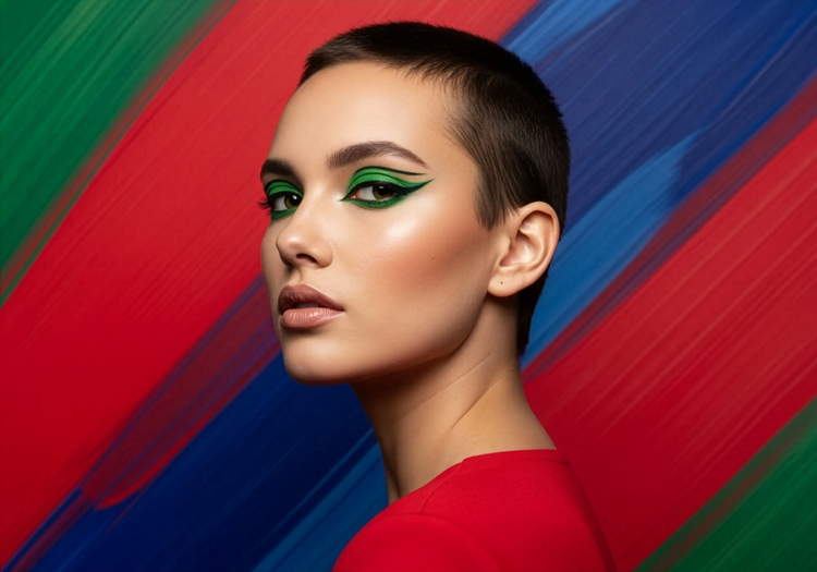 Et KI-generert portrett av en ung kvinne med kort hår som har på seg grønn eyeliner, med iøynefallende blå, røde og grønne striper i bakgrunnen.