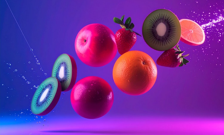 Rosa appelsiner og frukt som svever i luften, med kondensdråper som kastes av frukten.