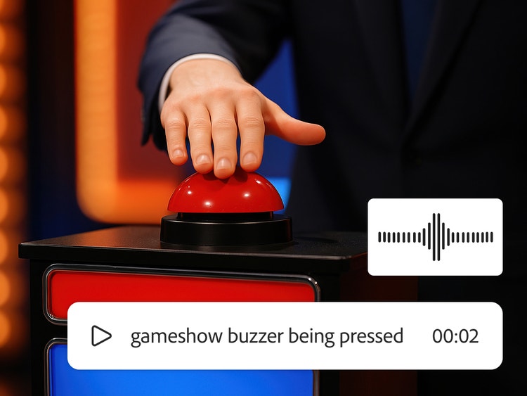 Nærbilde av en hånd som trykker på en stor rød knapp på et podium, med et lydbølgeoverlegg og teksten "gameshow buzzer being pressed".