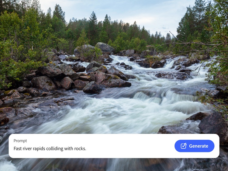 Brusende elvestryk, vist sammen med grensesnittet i Firefly KI-lydgeneratoren, med en hjelpetekst om å generere lyden av brusende, fossende vann.