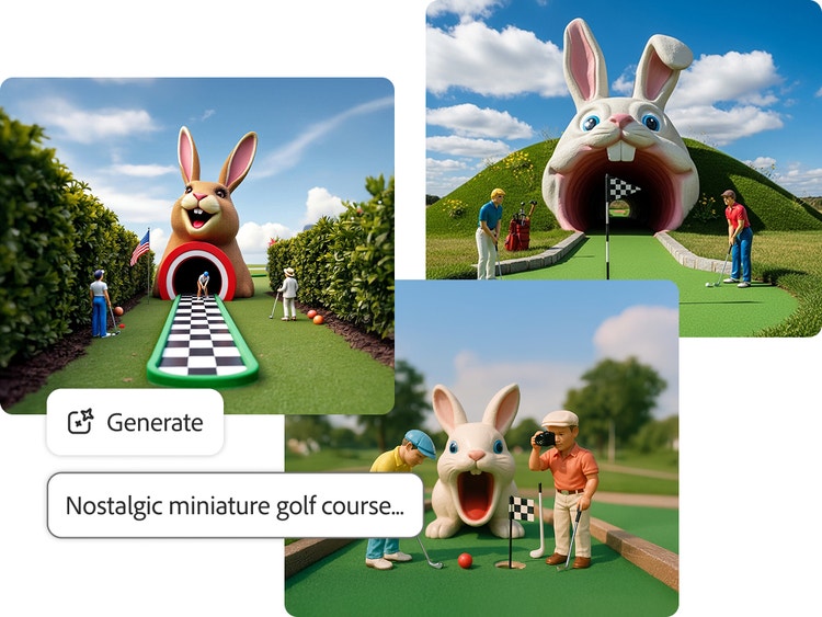 KI-generert kollasj av tre utsikter over en nostalgisk minigolfbane med en stor kaninformet hindring, der spillere samhandler nær kaninen.