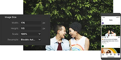 Et bilde av to personer som sitter ved siden av hverandre og ser hverandre i øynene, et bilde av en telefon med en åpen tidslinje for sosiale medier og panelet for endring av bildestørrelser i Adobe Photoshop lagt over.