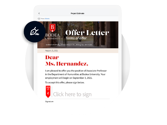 et nettbrett som viser et tilbudsbrev i PDF-format med et nettsignaturfelt