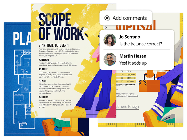 Scope of work and contract documents layered with blueprint graphics, highlighted costs and team comment bubbles.