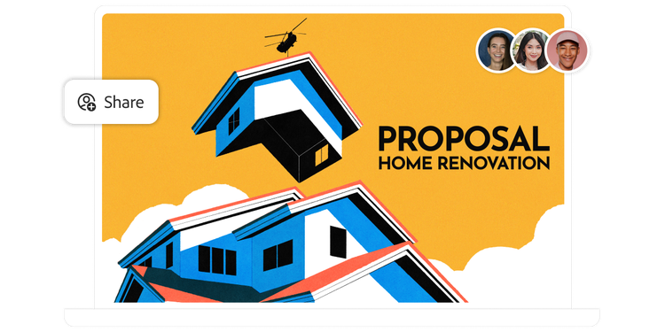 Laptop showing a home renovation proposal with illustrated houses, helicopter and user avatars with share button.