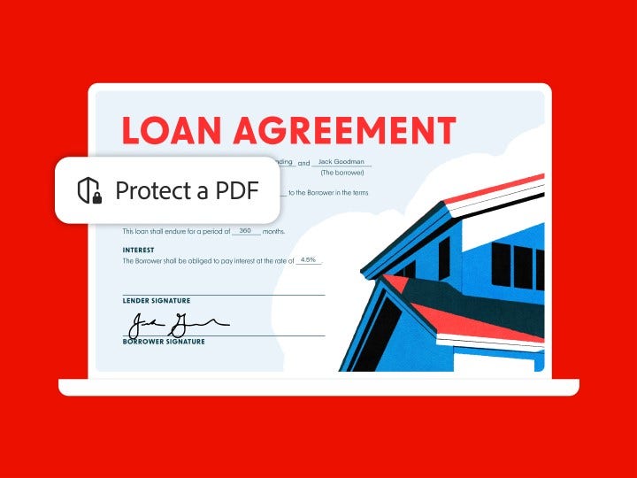 Image of a loan agreement document on a red background, showcasing the "Protect a PDF" Acrobat feature icon overlay., Picture