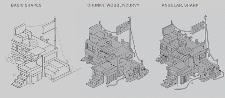 The graphic design of artist Jessica Thomas shows a bus transforming into a crude dwelling in three steps