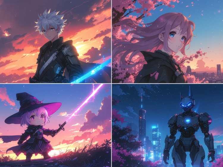 Split screen of four anime characters, including a witch and a robot