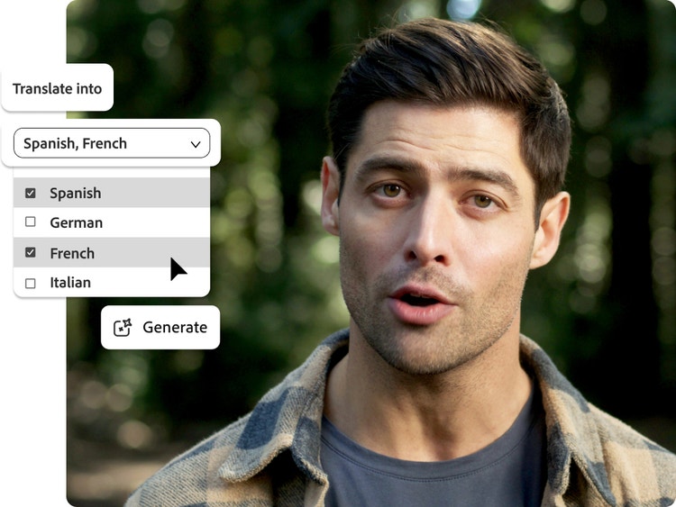 Man speaking in a forest setting with AI dubbing language selection panel UI to translate to Spanish and French.