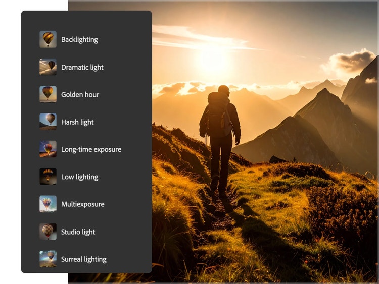 Photorealistic image of hiker during golden hour and AI art generator interface with customised lighting settings