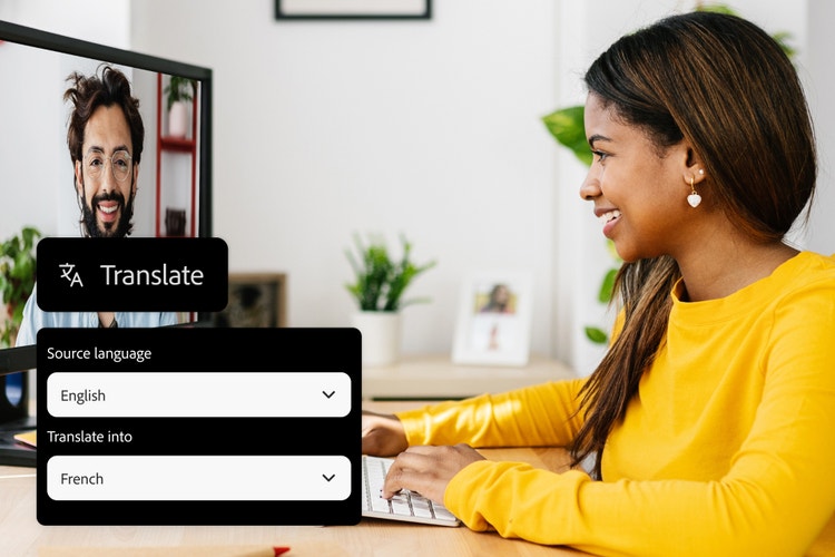 a woman in a yellow shirt with AI audio translation tools UI overlay for translate Spanish into English