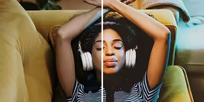 A photo of a person lying on the couch wearing headphones, with the Adobe {{lightroom}} &quot;Vintage Instant&quot; preset applied to the right half of the photo