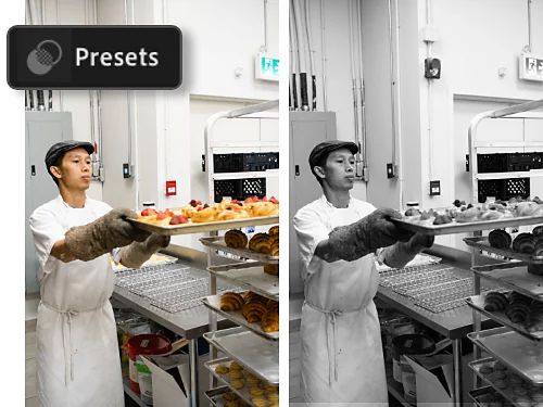 A before and after photo with a preset applied. The before photo is colourised and the after photo is black and white.