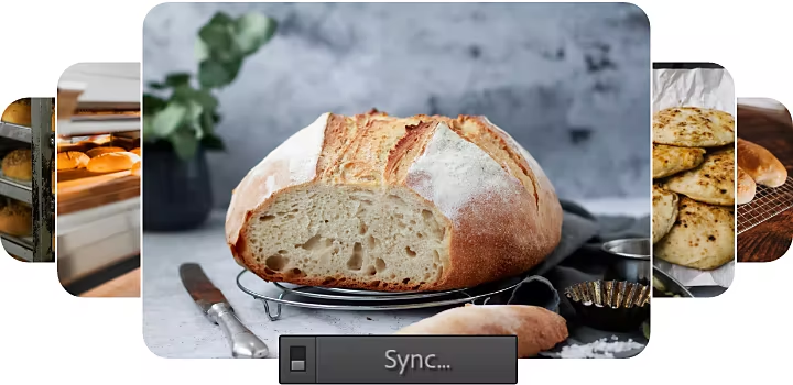 Sync button superimposed on five different photos.