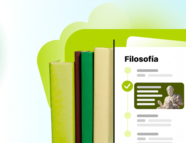 Ilustración en verde de una guía de estudio de filosofía. Libros apilados al fondo.