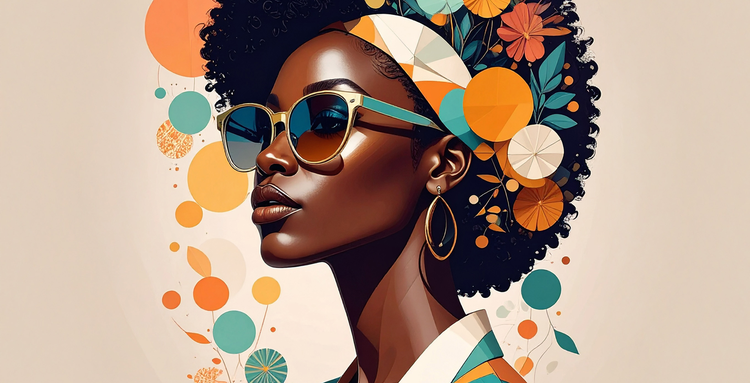 Retrato artístico que presenta a una persona de perfil con elementos de diseño geométrico y floral superpuestos