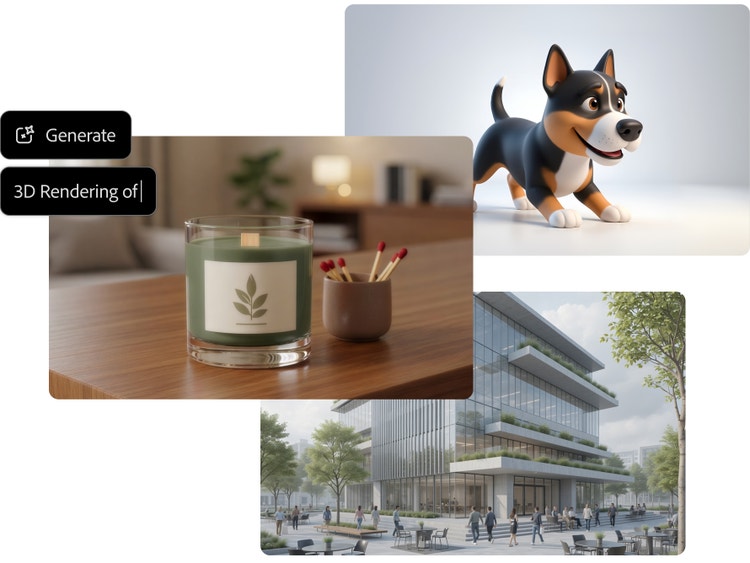 Collage de imágenes generadas con IA que muestra un perro de dibujos animados en 3D, una vela sobre una mesa de madera y un moderno edificio de oficinas de vidrio, con un campo de indicación para generar un renderizado 3D