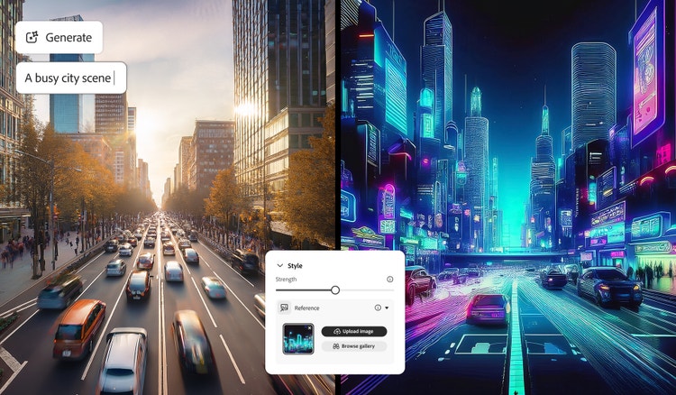 Escenas urbanas en paralelo generadas con IA: a un lado se muestra una indicación de texto superpuesta y, en el centro, la interfaz de la herramienta de transferencia de estilo con una imagen con estilo de luces de neón como referencia