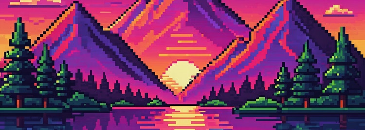 Escena en estilo arte de píxel de un videojuego de rol de un lago con un muelle y un bote de remos en primer plano, montañas, pinos y el sol poniéndose en el fondo