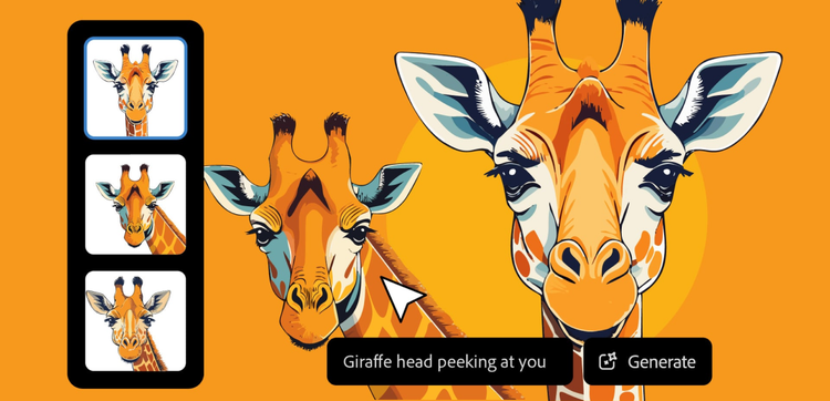 Imagen de imágenes generadas de jirafas sobre un fondo naranja con la indicación de muestra “Giraffe head peeking at you” (Cabeza de una jirafa mirando al público)