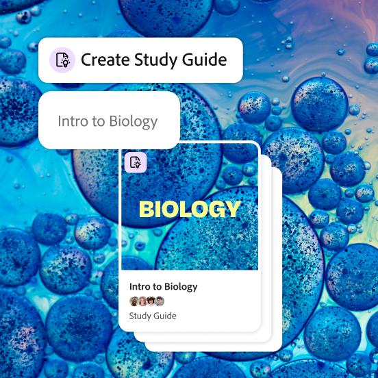 Cells under a microscope in the background. Prompt to create a study guide for intro to biology and a preview of the study guide.