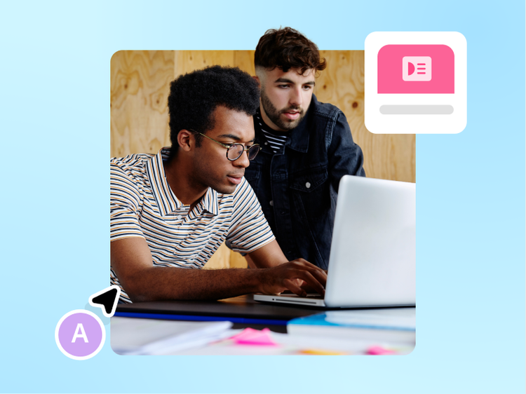 Two students collaborating in front of a laptop. Cursor selecting the image of the students on lower left. Icon representing a presentation in the upper right.