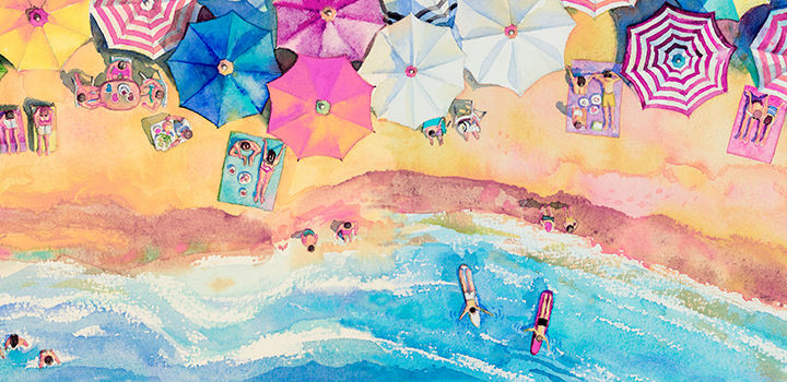 Watercolor illustration of beach from aerial view with people and umbrellas.