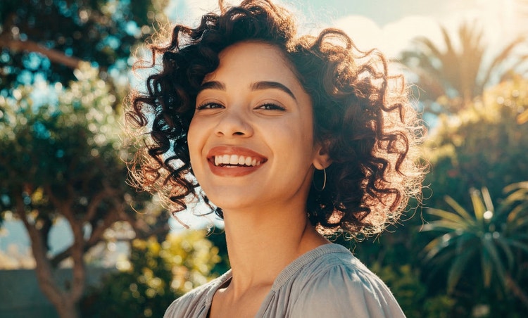 An AI-generated headshot of a woman with a bright, soft-focus outdoor scene in the background